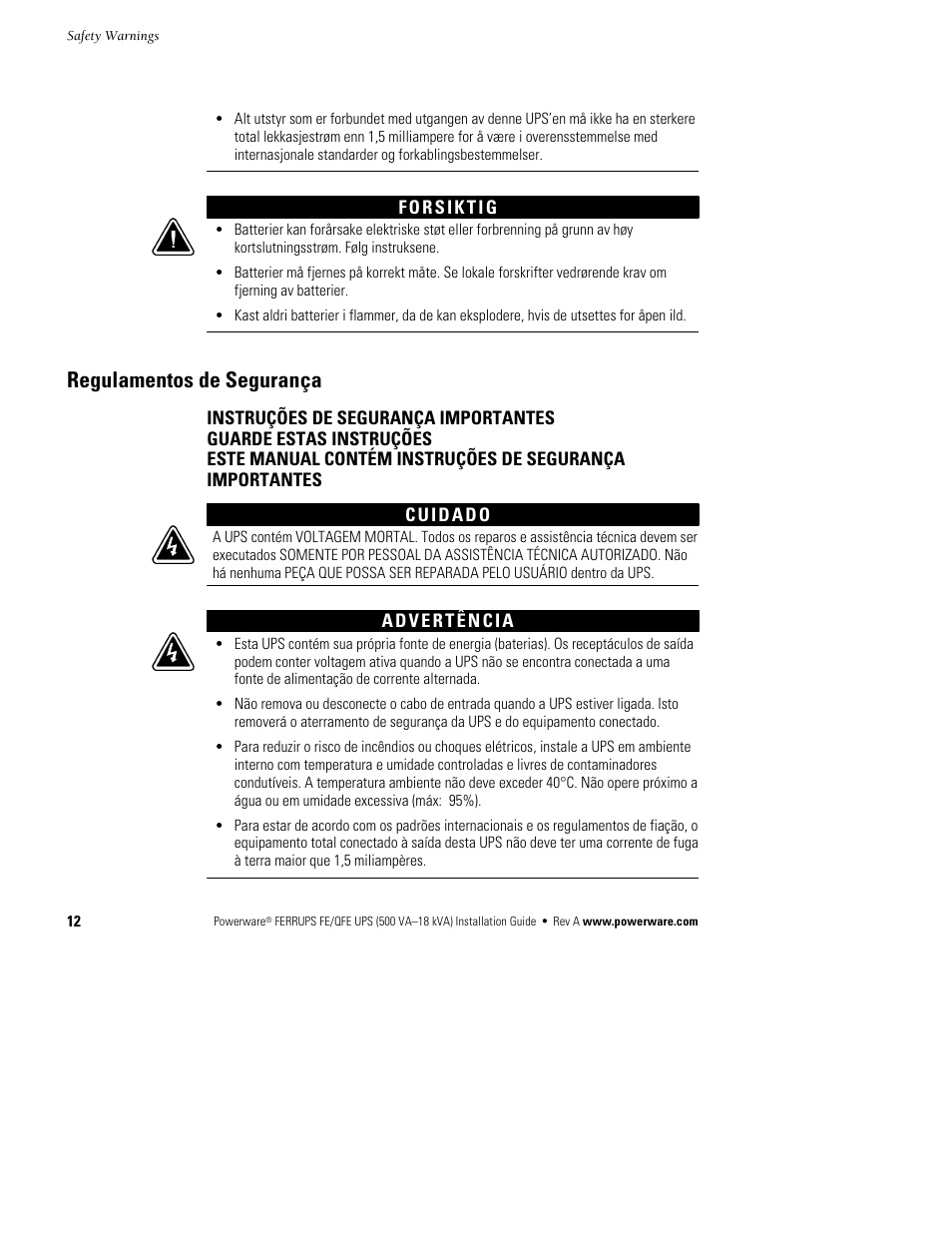 Regulamentos de segurança | Powerware Ferrups FE/QFE 500VA User Manual | Page 18 / 76