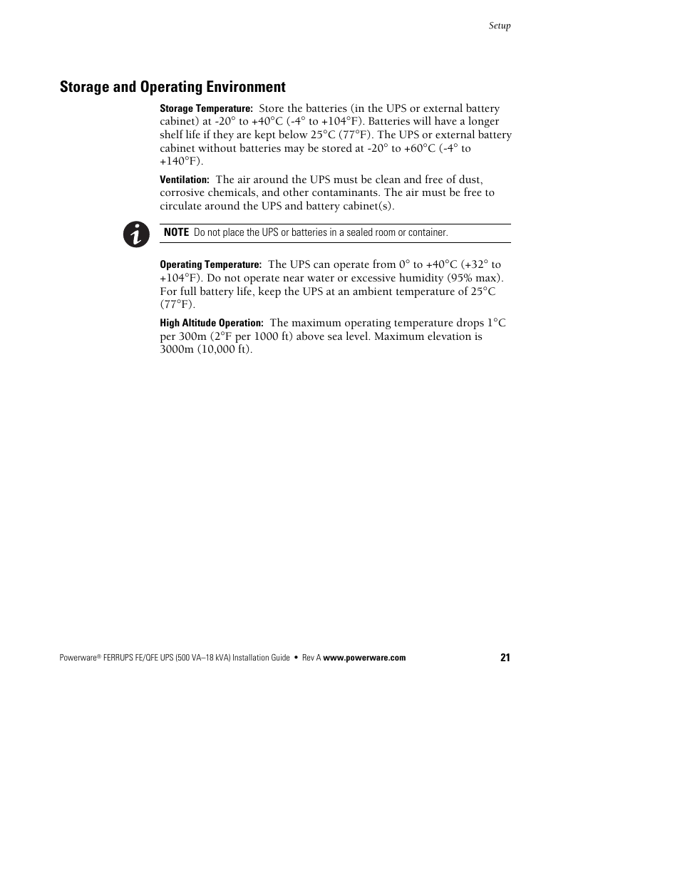 Storage and operating environment | Powerware Ferrups FE/QFE 500VA User Manual | Page 27 / 76