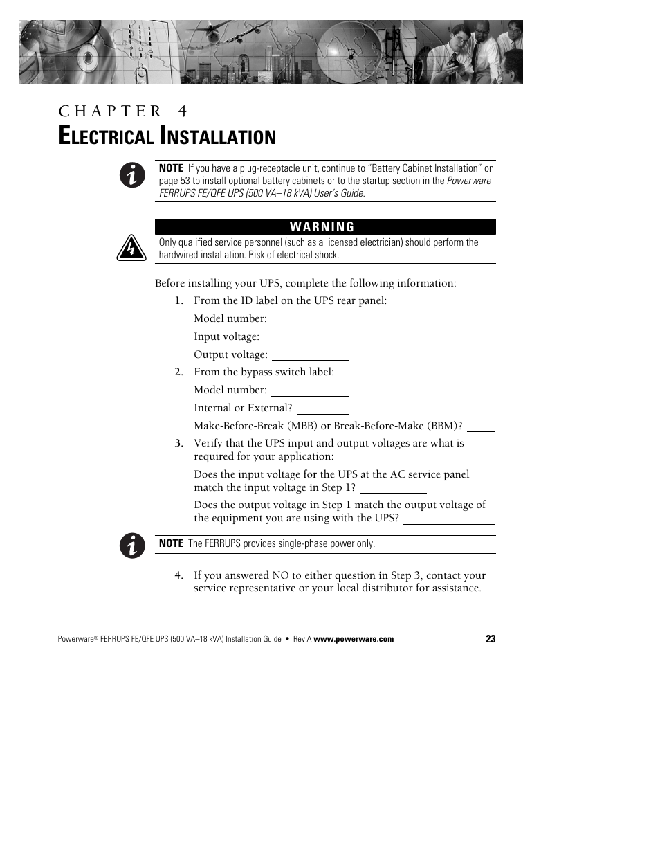 Lectrical, Nstallation | Powerware Ferrups FE/QFE 500VA User Manual | Page 29 / 76