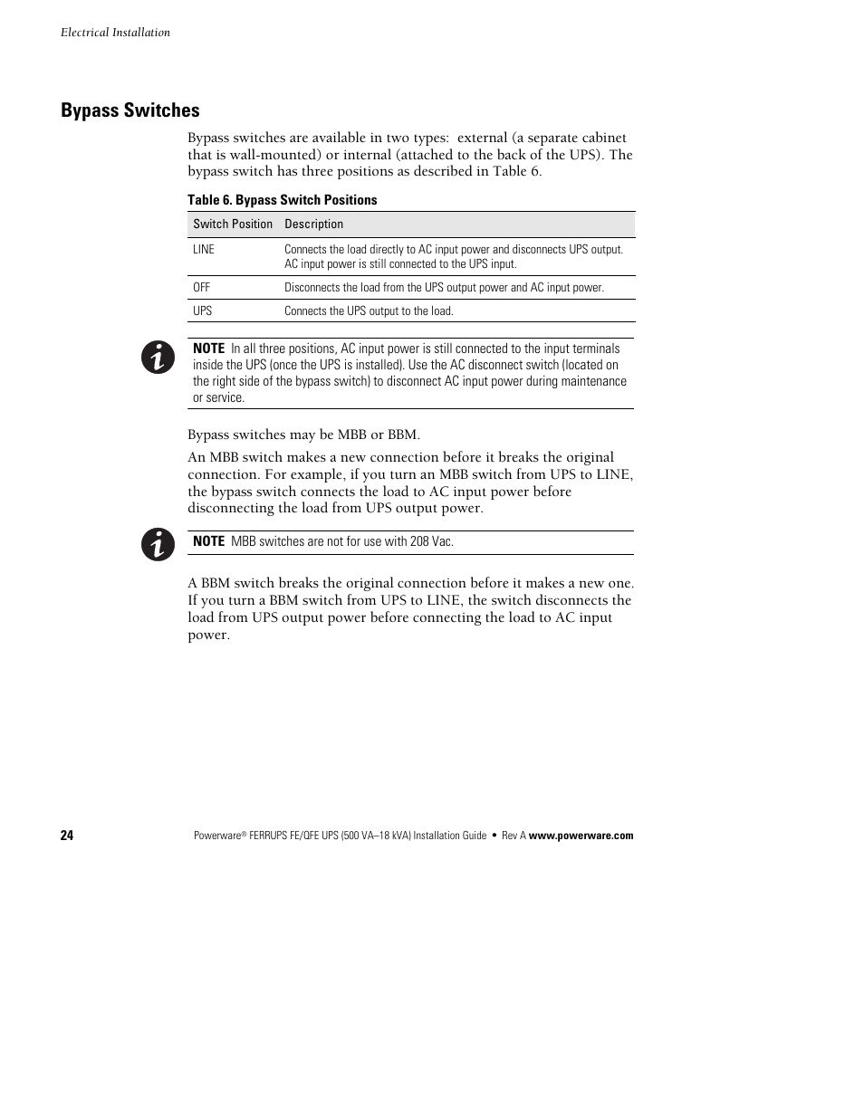 Bypass switches | Powerware Ferrups FE/QFE 500VA User Manual | Page 30 / 76
