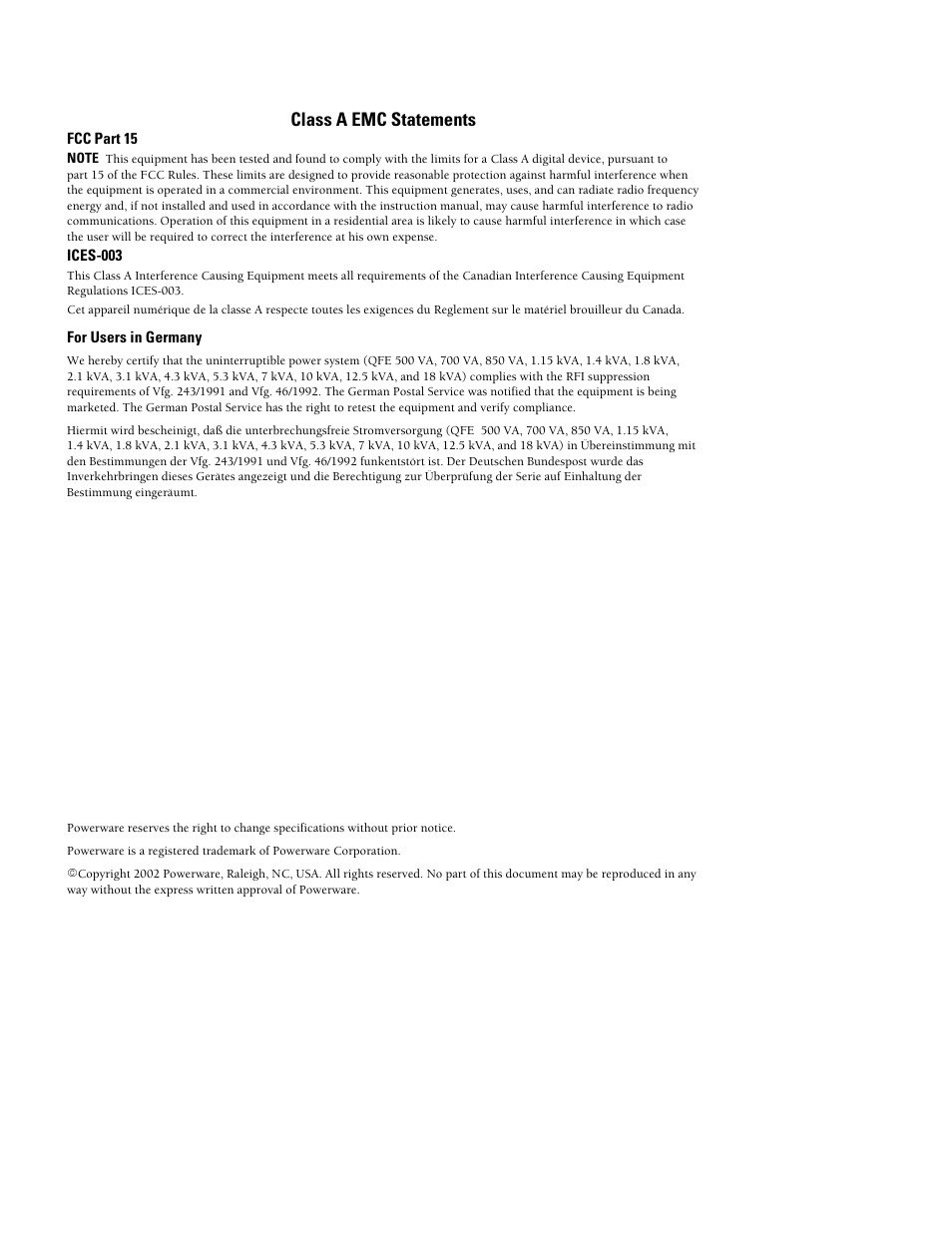 Class a emc statements | Powerware Ferrups FE/QFE 500VA User Manual | Page 4 / 76