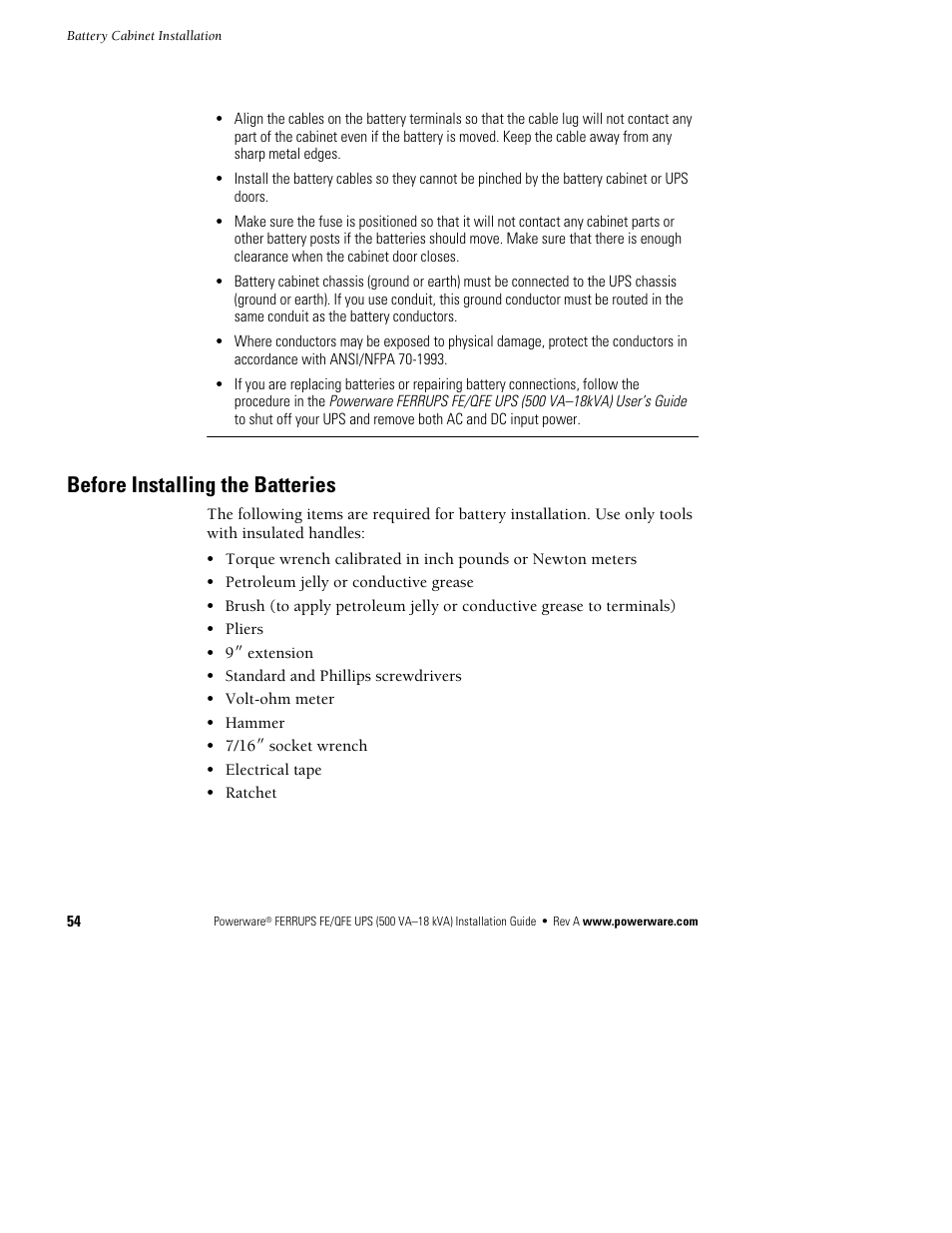 Before installing the batteries | Powerware Ferrups FE/QFE 500VA User Manual | Page 60 / 76