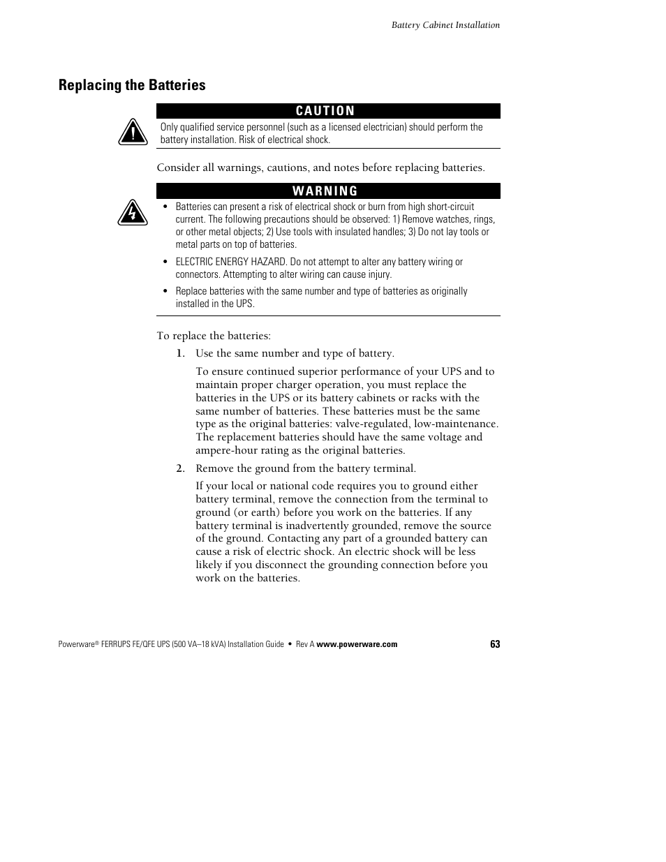 Replacing the batteries | Powerware Ferrups FE/QFE 500VA User Manual | Page 69 / 76
