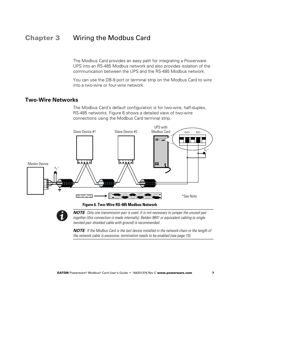 Chapter 3 wiring the modbus card, Two-wire networks, Wiring the modbus card | Slave device #1 master device slave device #2 | Powerware FCC 15 User Manual | Page 11 / 32