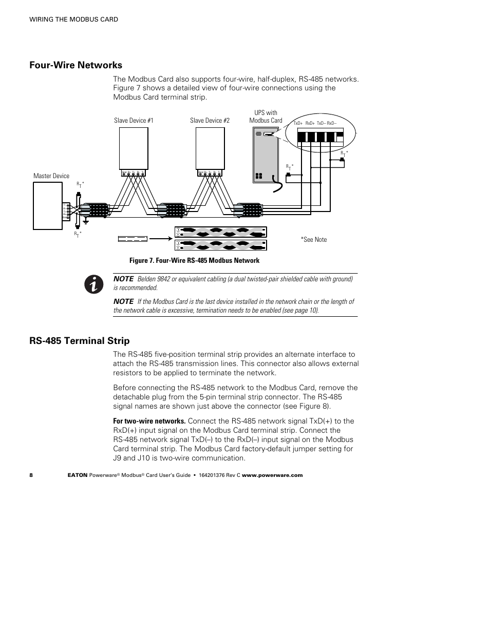 Four-wire networks, Rs-485 terminal strip, Ups with modbus card | Powerware FCC 15 User Manual | Page 12 / 32