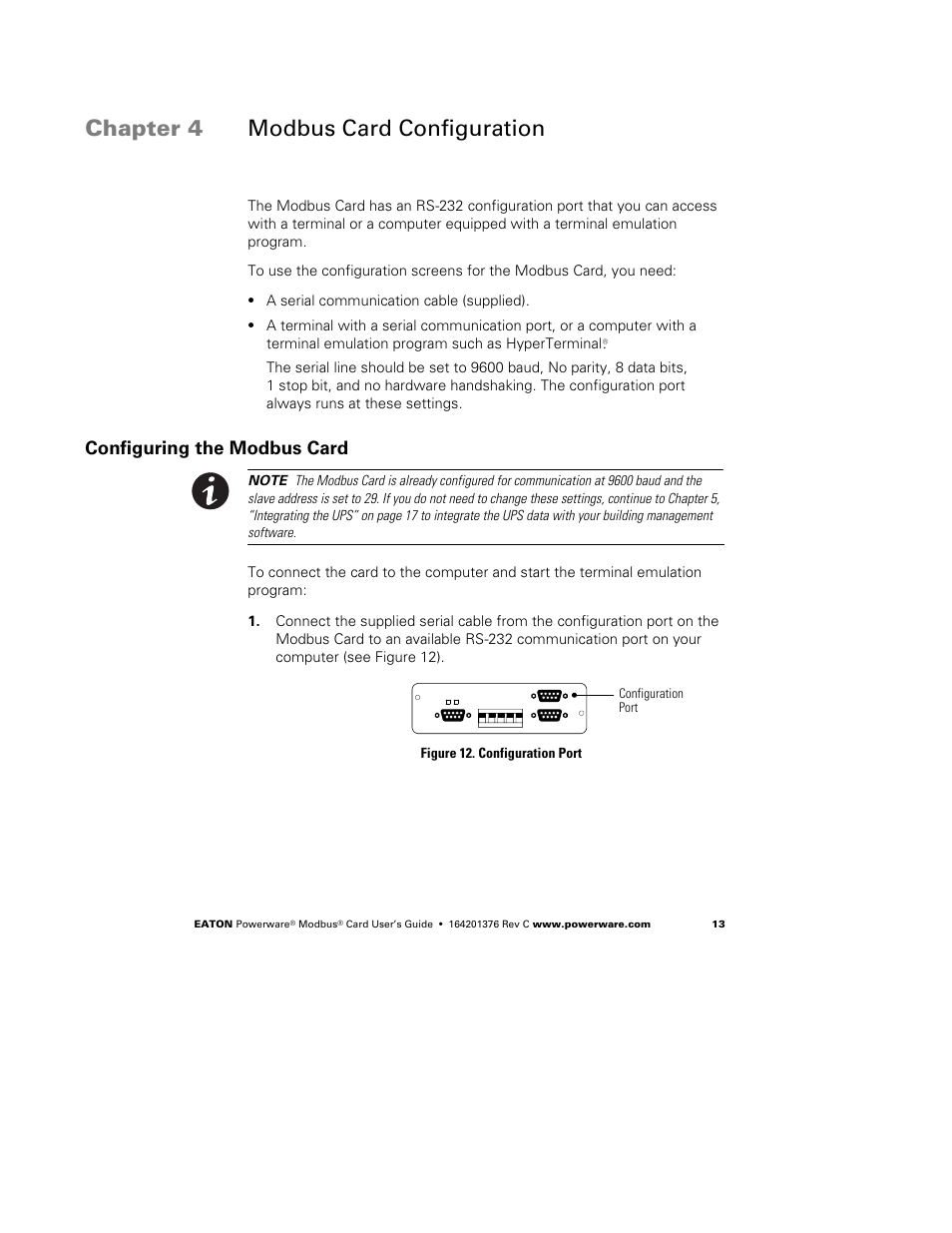 Chapter 4 modbus card configuration, Configuring the modbus card, Modbus card configuration | Powerware FCC 15 User Manual | Page 17 / 32