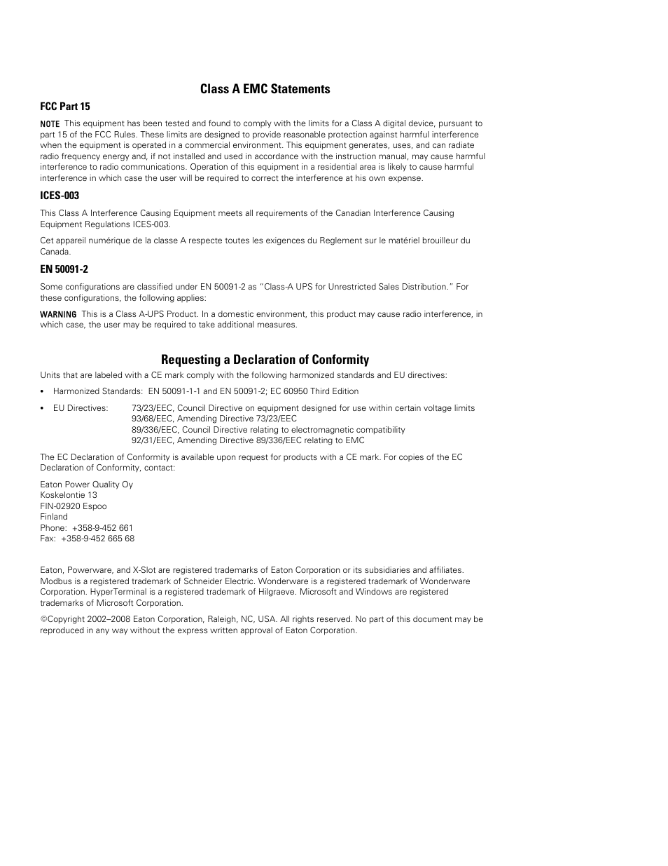 Class a emc statements, Requesting a declaration of conformity | Powerware FCC 15 User Manual | Page 2 / 32