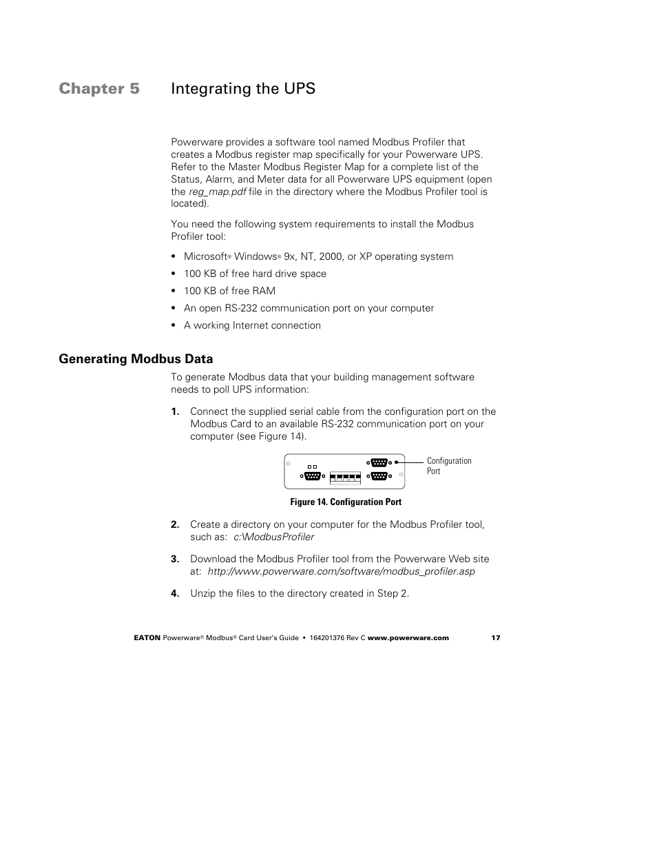 Chapter 5 integrating the ups, Generating modbus data, Integrating the ups | Powerware FCC 15 User Manual | Page 21 / 32