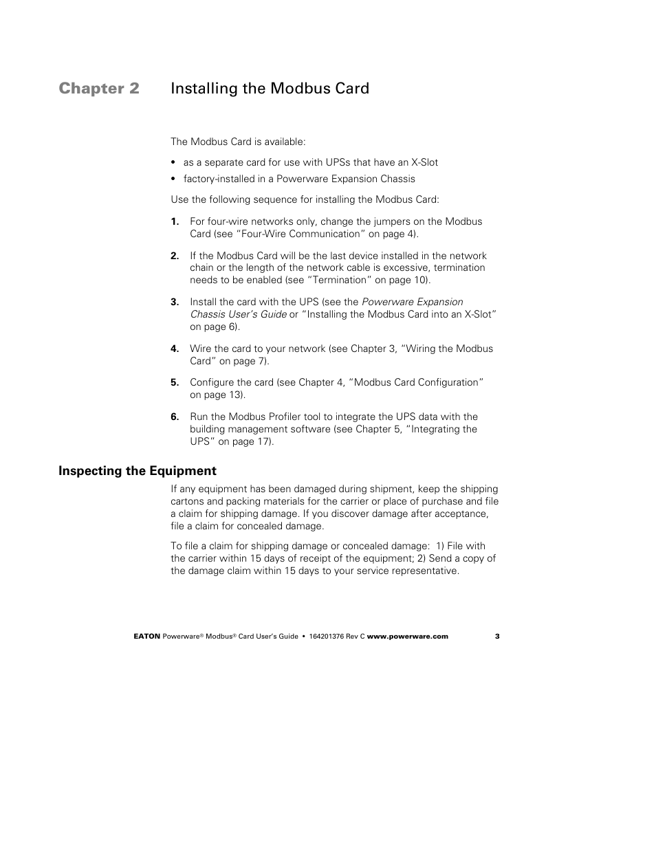 Chapter 2 installing the modbus card, Inspecting the equipment, Installing the modbus card | Powerware FCC 15 User Manual | Page 7 / 32