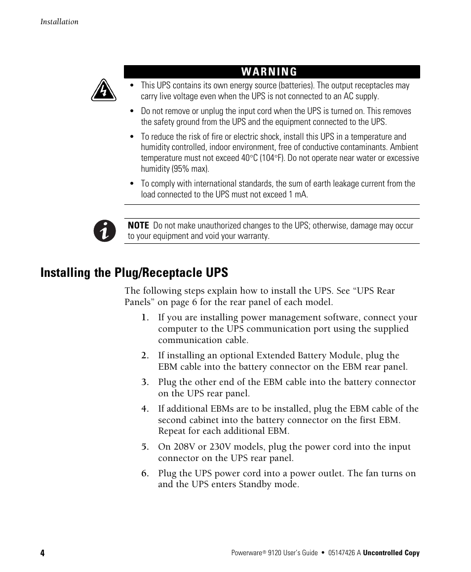 Installing the plug/receptacle ups | Powerware 700 3000 VA User Manual | Page 10 / 48