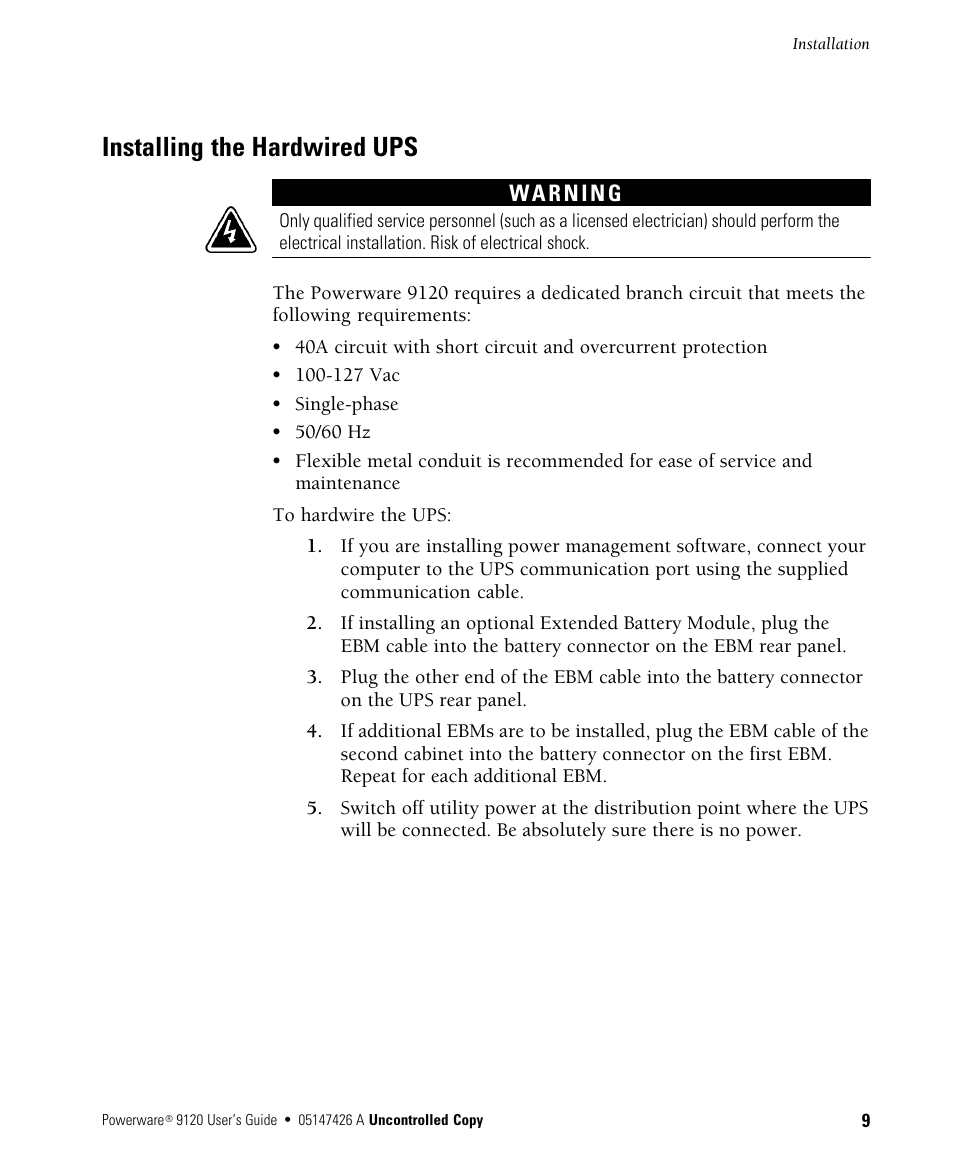 Installing the hardwired ups | Powerware 700 3000 VA User Manual | Page 15 / 48