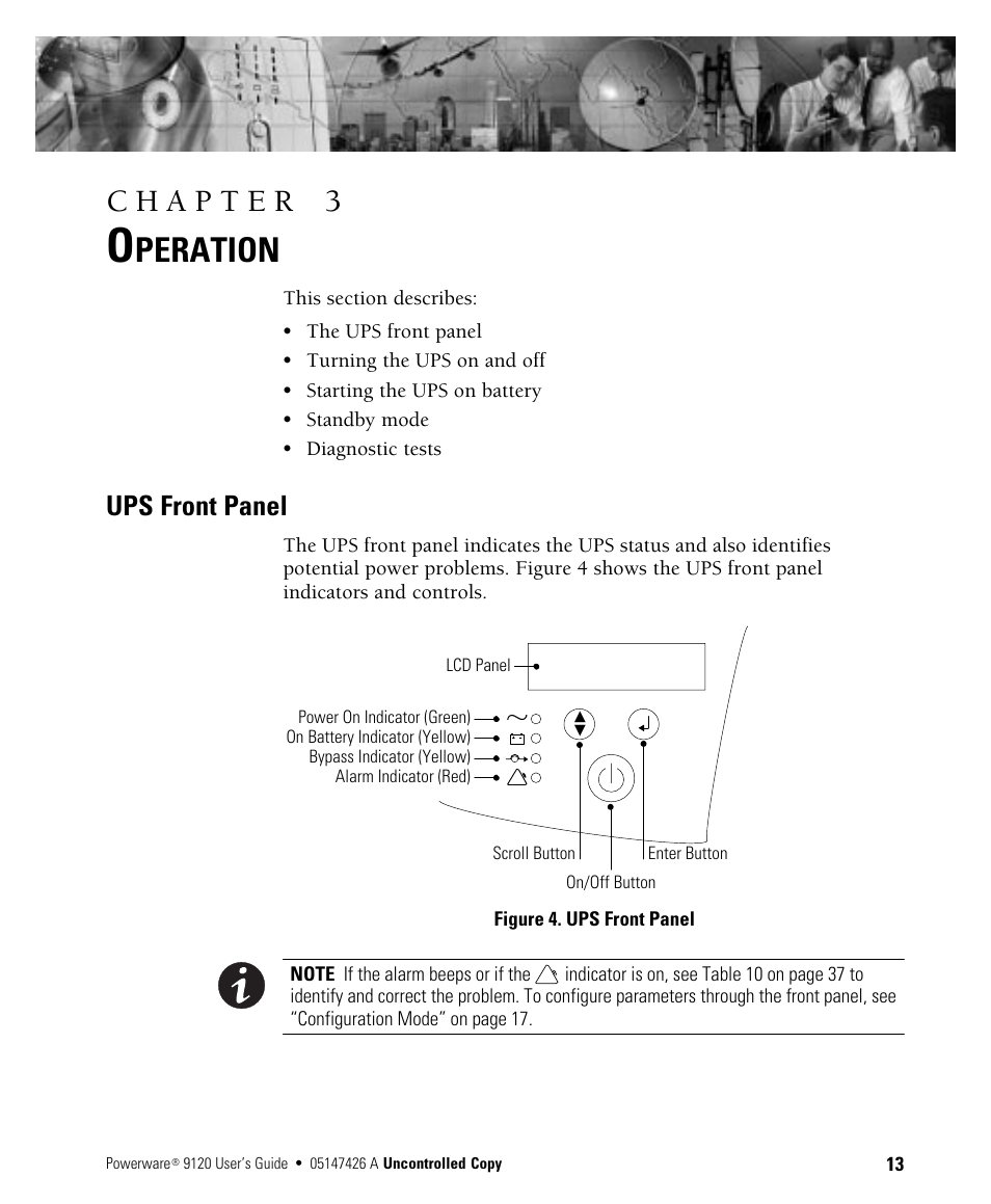 Peration, Ups front panel | Powerware 700 3000 VA User Manual | Page 19 / 48