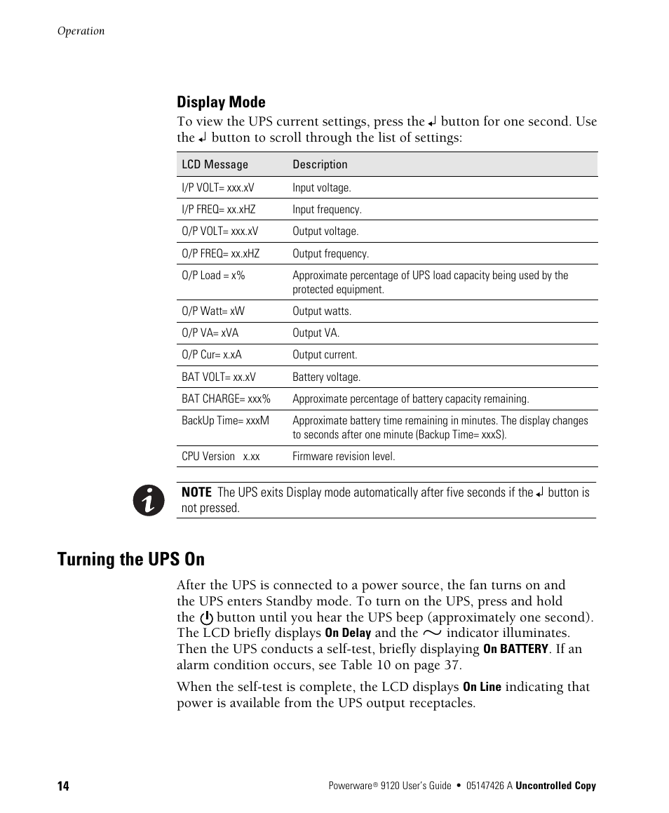 Turning the ups on, Display mode | Powerware 700 3000 VA User Manual | Page 20 / 48