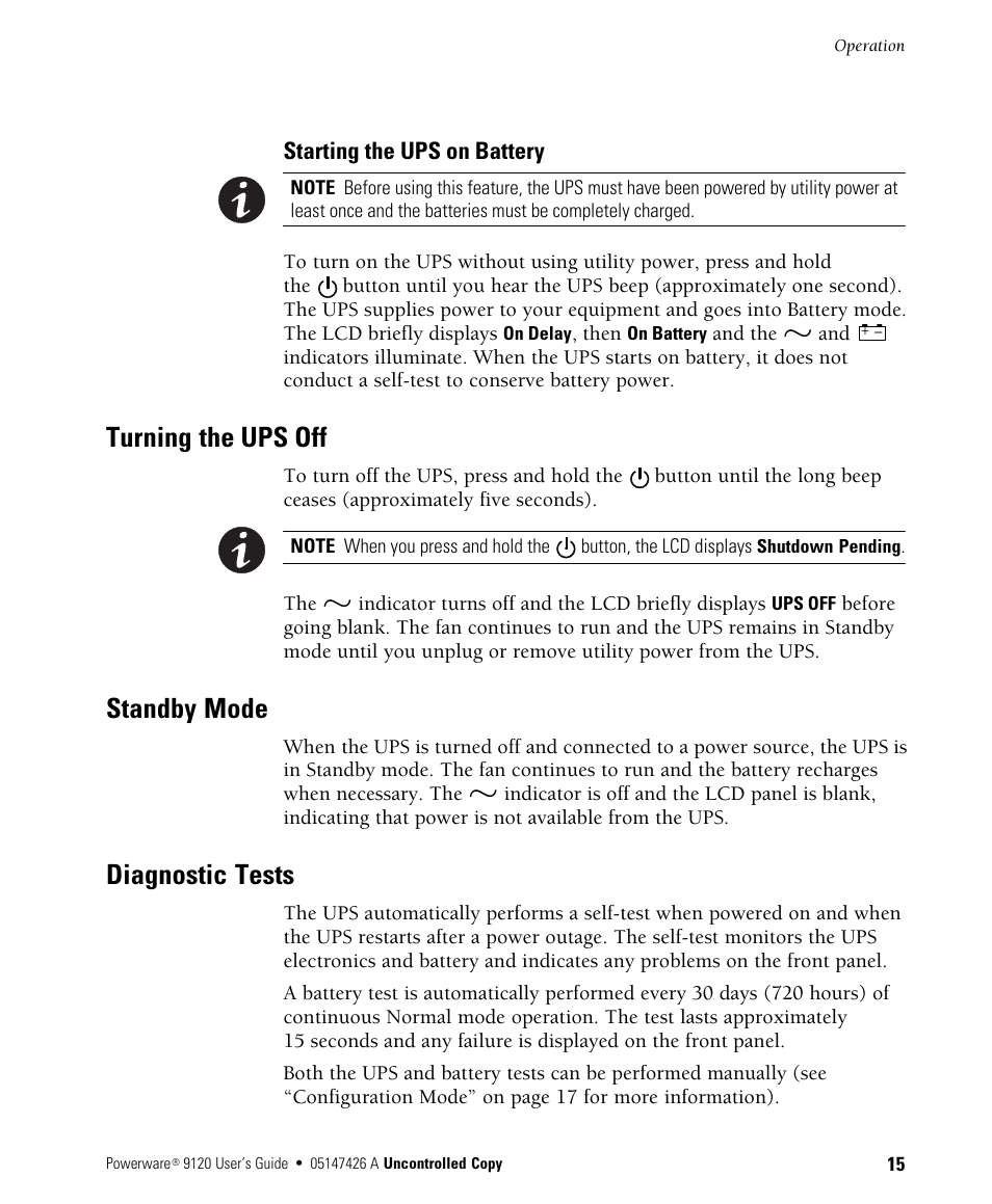 Turning the ups off, Standby mode, Diagnostic tests | Powerware 700 3000 VA User Manual | Page 21 / 48