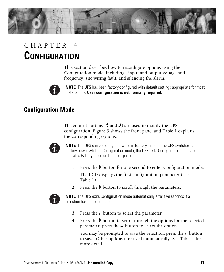 Onfiguration, Configuration mode | Powerware 700 3000 VA User Manual | Page 23 / 48