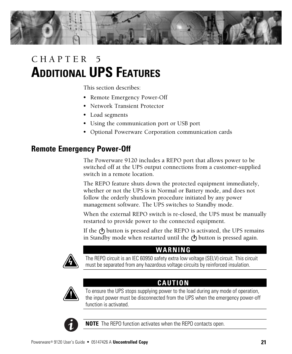 Ups f, Dditional, Eatures | Remote emergency power-off | Powerware 700 3000 VA User Manual | Page 27 / 48