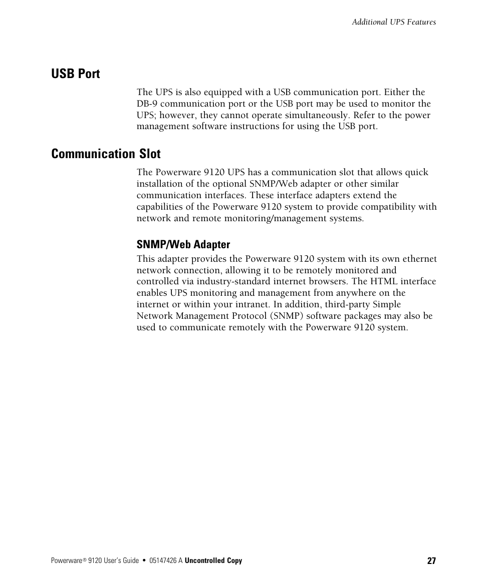 Usb port, Communication slot | Powerware 700 3000 VA User Manual | Page 33 / 48