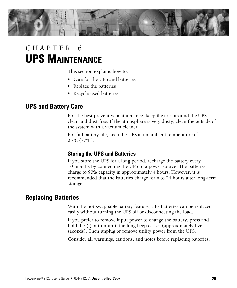 Ups m, Aintenance, Ups and battery care | Replacing batteries | Powerware 700 3000 VA User Manual | Page 35 / 48