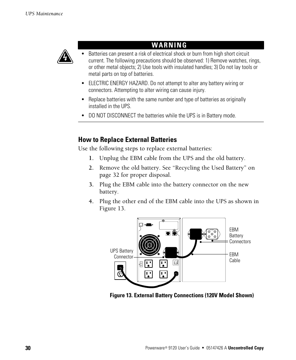 How to replace external batteries | Powerware 700 3000 VA User Manual | Page 36 / 48