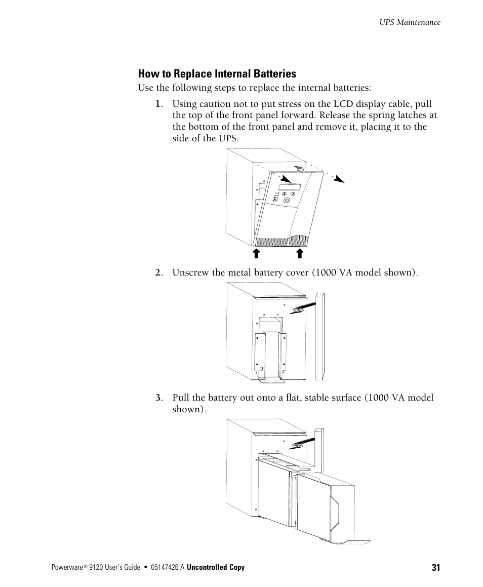 How to replace internal batteries | Powerware 700 3000 VA User Manual | Page 37 / 48