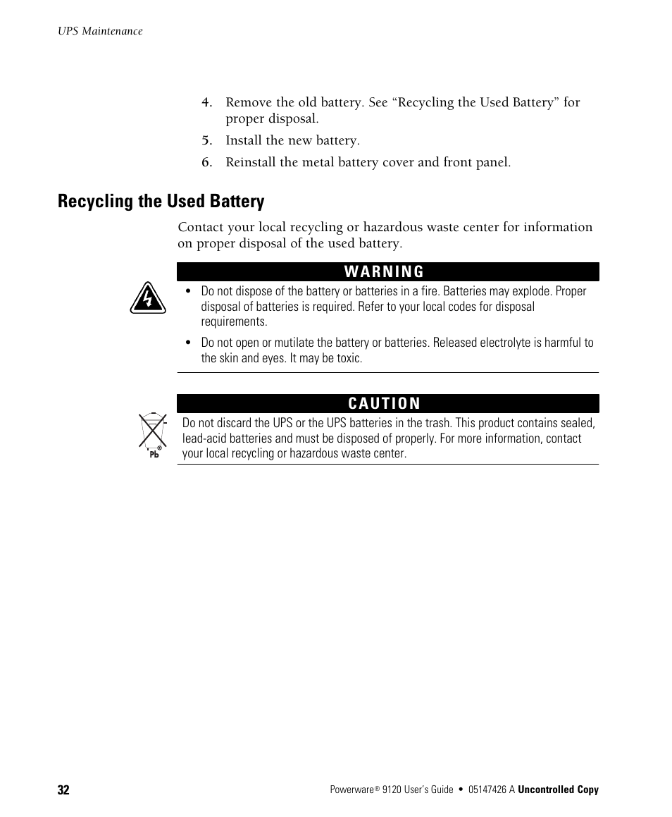 Recycling the used battery | Powerware 700 3000 VA User Manual | Page 38 / 48