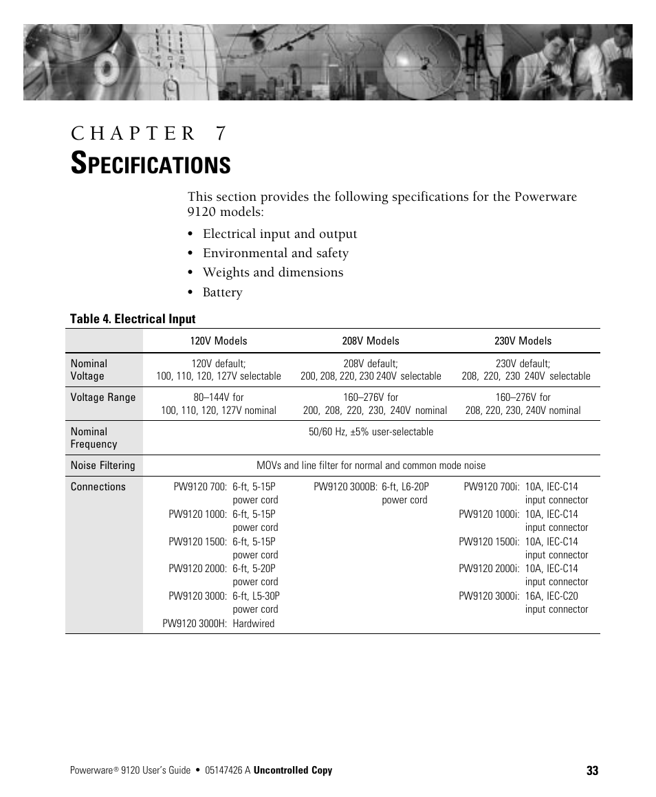 Pecifications | Powerware 700 3000 VA User Manual | Page 39 / 48