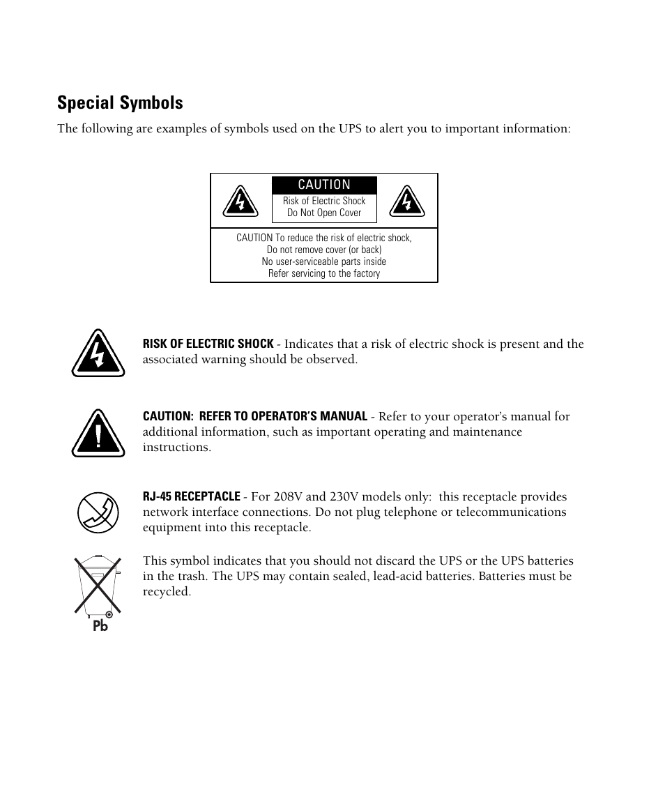 Special symbols | Powerware 700 3000 VA User Manual | Page 4 / 48