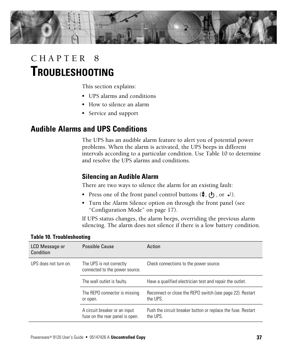 Roubleshooting, Audible alarms and ups conditions, Silencing an audible alarm | Powerware 700 3000 VA User Manual | Page 43 / 48