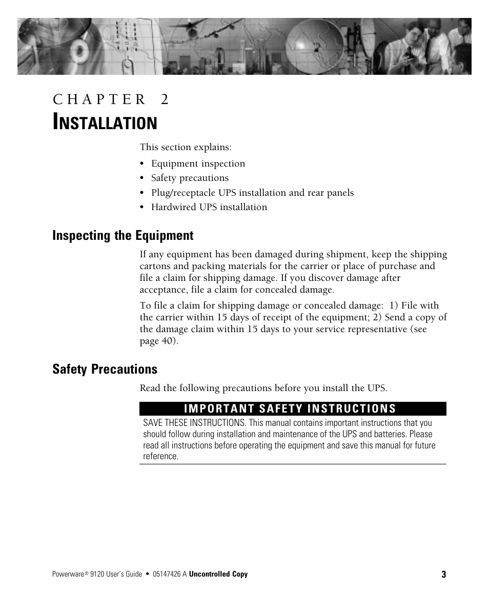 Nstallation, Inspecting the equipment, Safety precautions | Powerware 700 3000 VA User Manual | Page 9 / 48