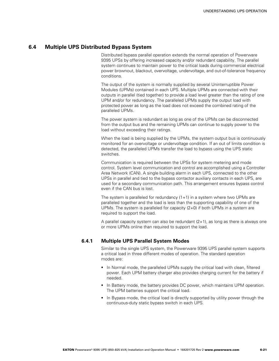 4 multiple ups distributed bypass system, 1 multiple ups parallel system modes | Powerware 9395 UPS and Plus 1 UPS 650825 kVA User Manual | Page 133 / 192