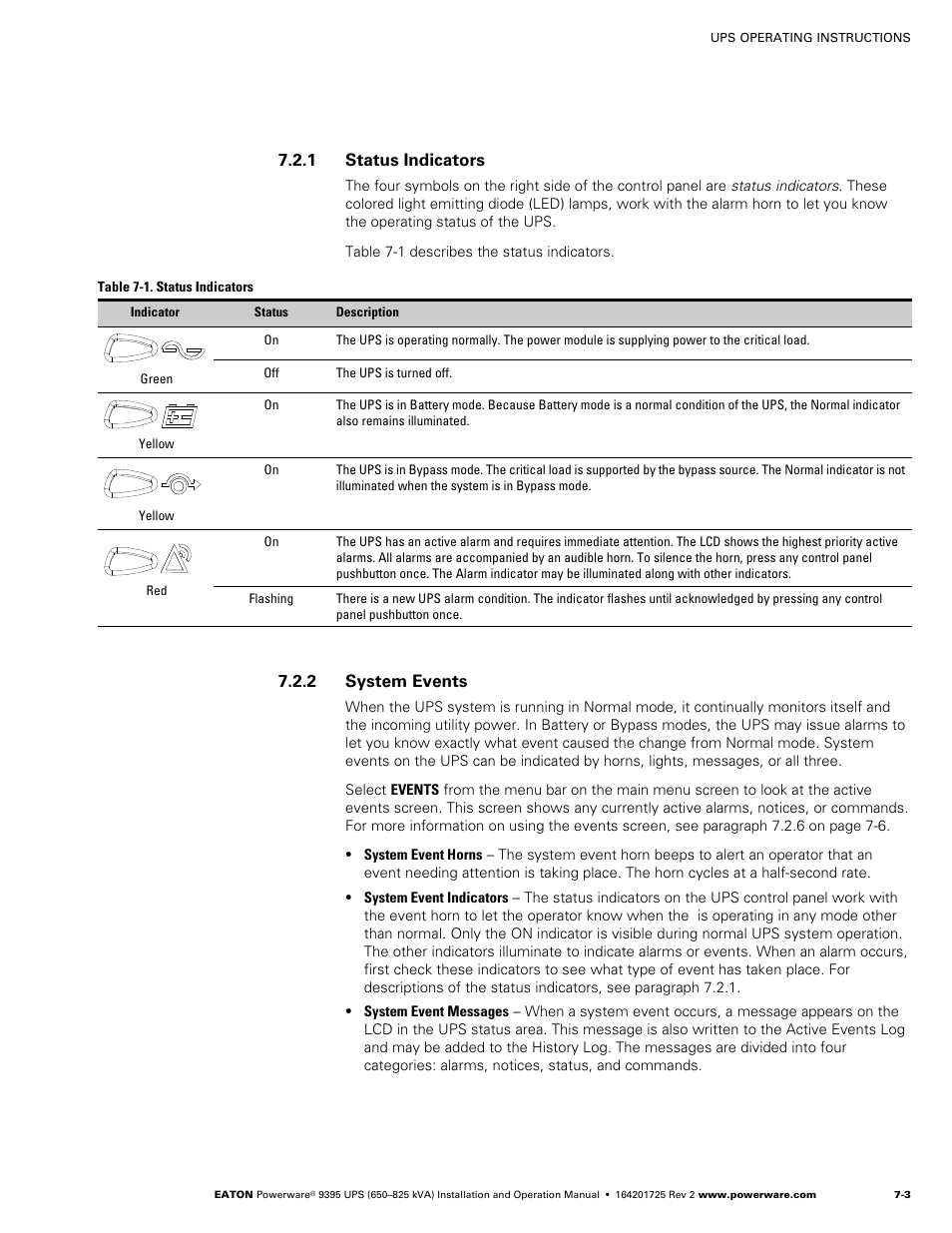 1 status indicators, 2 system events, See paragraph 7.2.1 | Powerware 9395 UPS and Plus 1 UPS 650825 kVA User Manual | Page 145 / 192