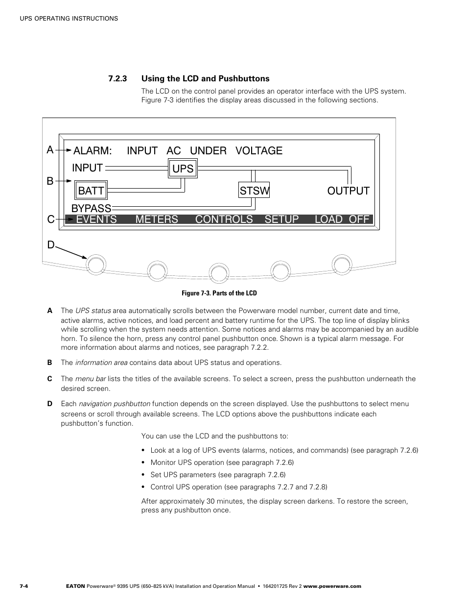 3 using the lcd and pushbuttons | Powerware 9395 UPS and Plus 1 UPS 650825 kVA User Manual | Page 146 / 192