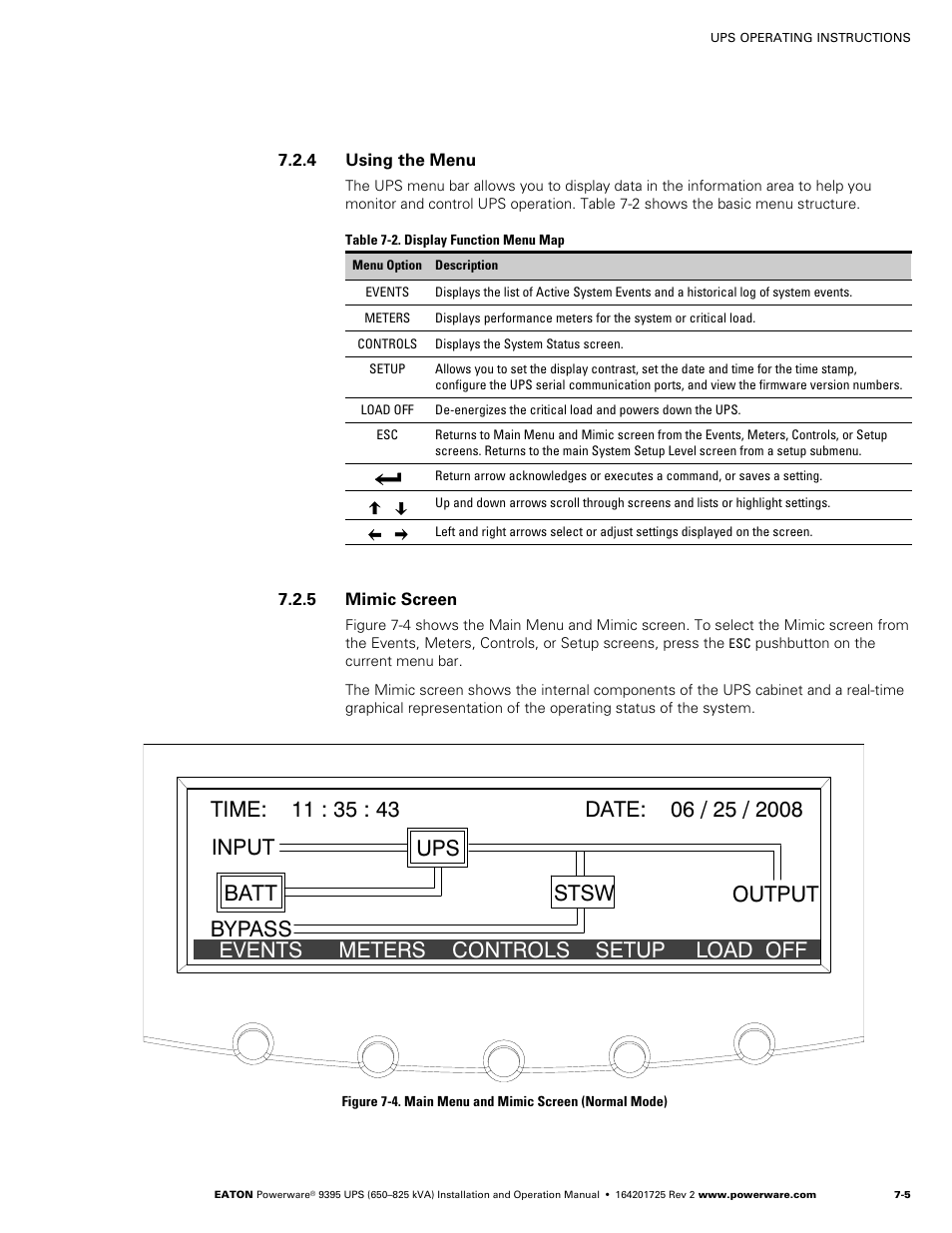 4 using the menu, 5 mimic screen | Powerware 9395 UPS and Plus 1 UPS 650825 kVA User Manual | Page 147 / 192