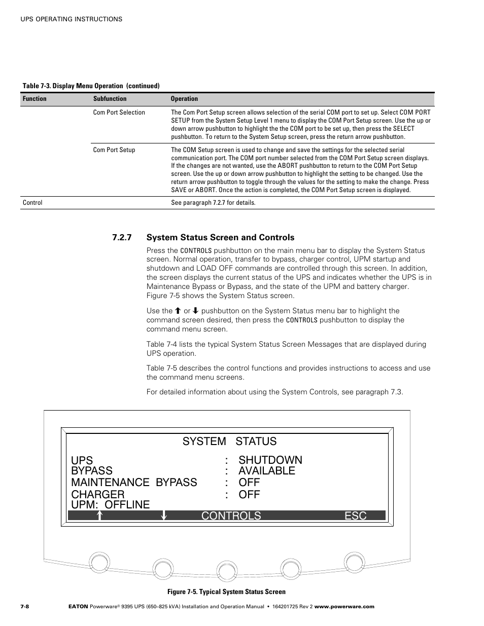 7 system status screen and controls | Powerware 9395 UPS and Plus 1 UPS 650825 kVA User Manual | Page 150 / 192