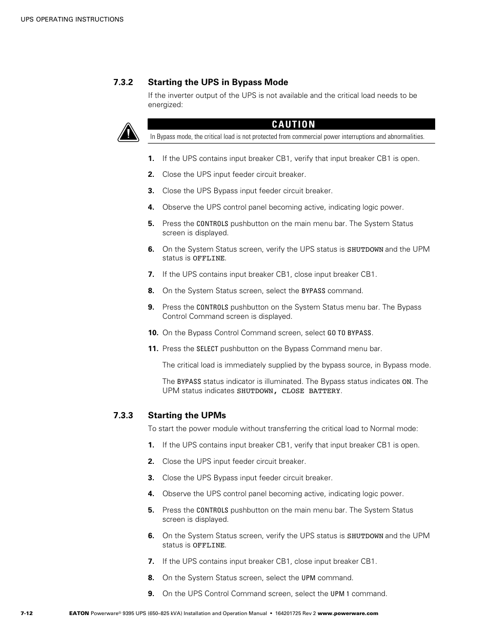 2 starting the ups in bypass mode, 3 starting the upms | Powerware 9395 UPS and Plus 1 UPS 650825 kVA User Manual | Page 154 / 192