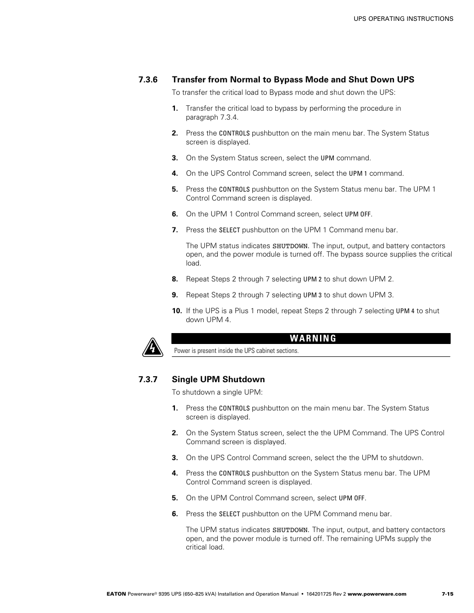 7 single upm shutdown | Powerware 9395 UPS and Plus 1 UPS 650825 kVA User Manual | Page 157 / 192