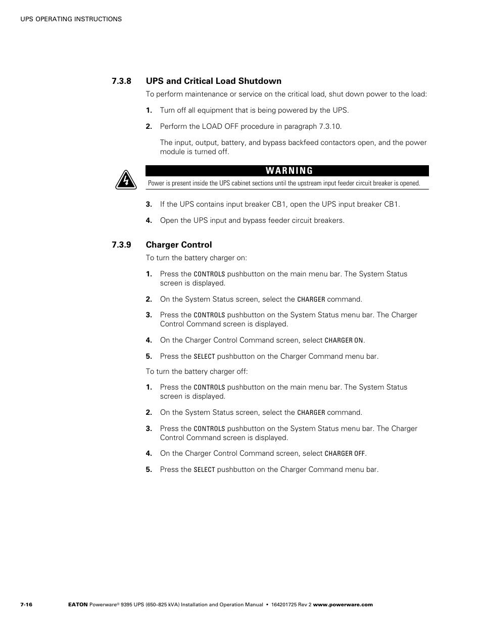 8 ups and critical load shutdown, 9 charger control | Powerware 9395 UPS and Plus 1 UPS 650825 kVA User Manual | Page 158 / 192