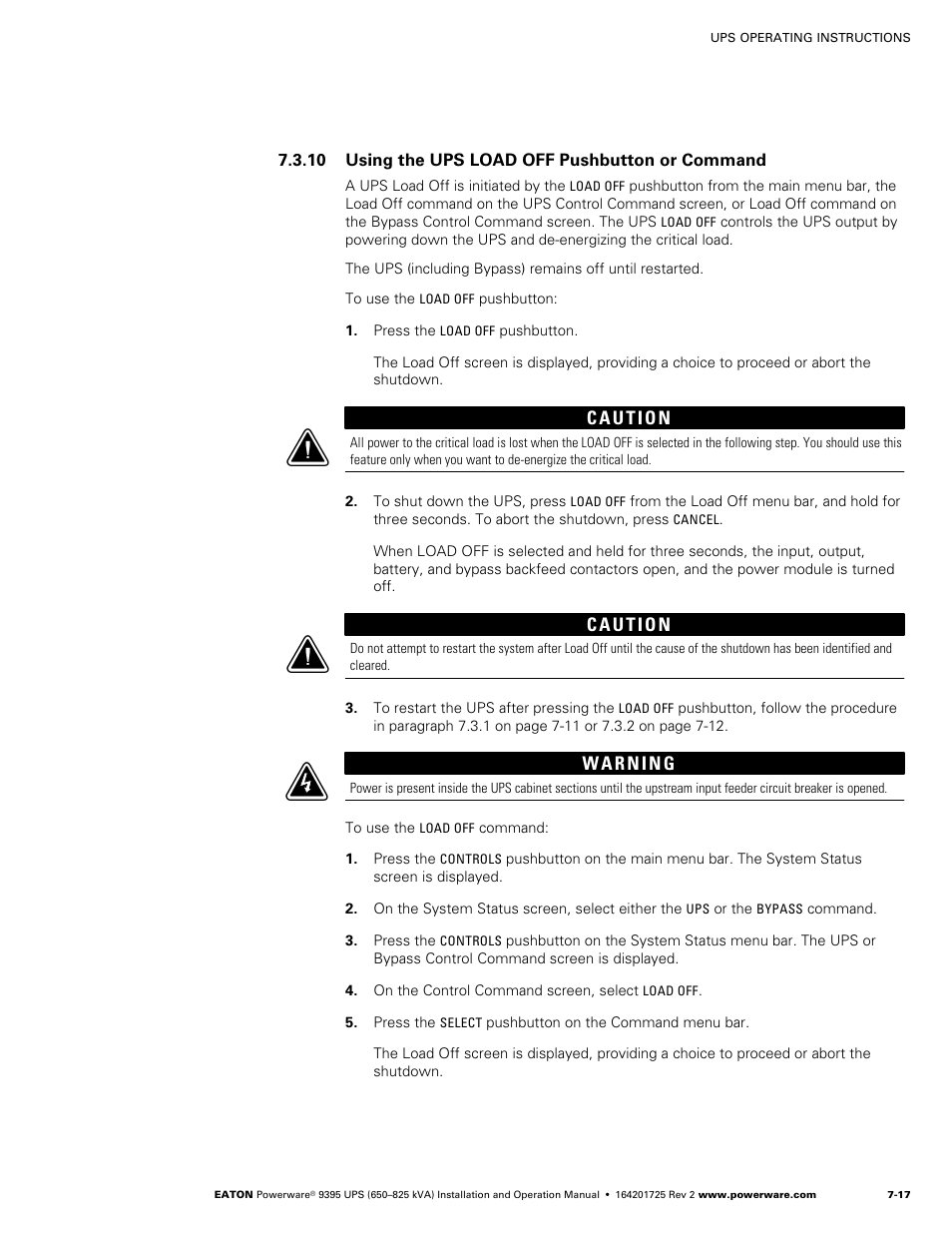 10 using the ups load off pushbutton or command | Powerware 9395 UPS and Plus 1 UPS 650825 kVA User Manual | Page 159 / 192