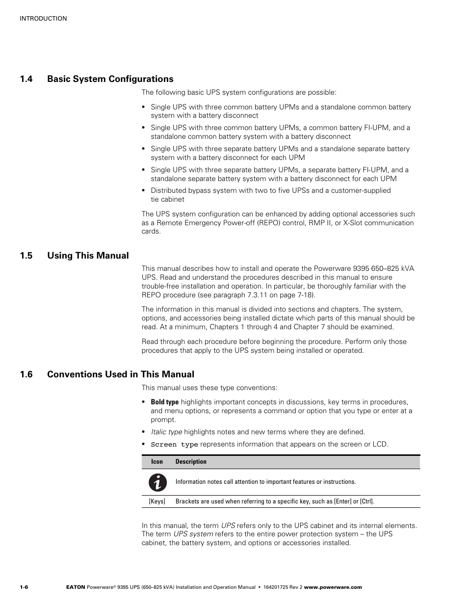 4 basic system configurations, 5 using this manual, 6 conventions used in this manual | Powerware 9395 UPS and Plus 1 UPS 650825 kVA User Manual | Page 16 / 192