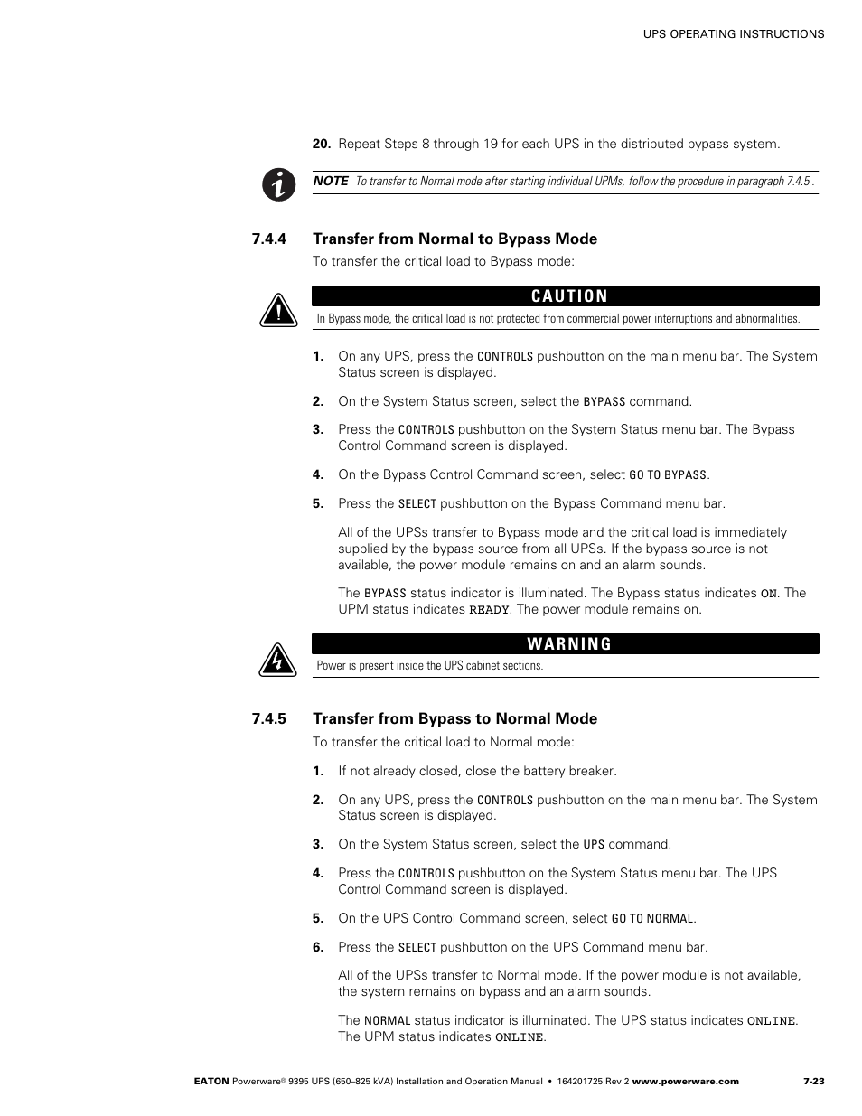 4 transfer from normal to bypass mode, 5 transfer from bypass to normal mode | Powerware 9395 UPS and Plus 1 UPS 650825 kVA User Manual | Page 165 / 192