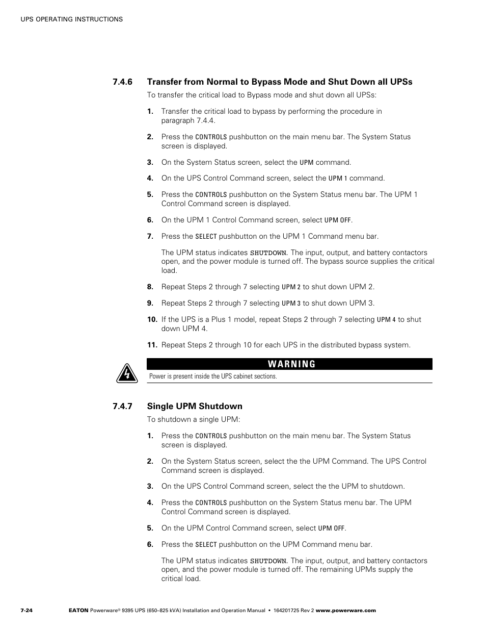 7 single upm shutdown | Powerware 9395 UPS and Plus 1 UPS 650825 kVA User Manual | Page 166 / 192