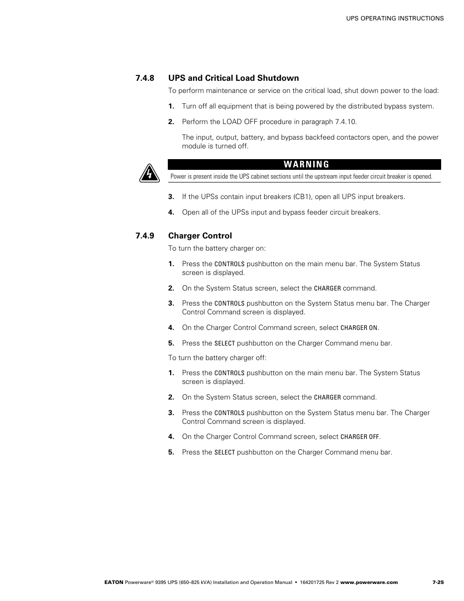 8 ups and critical load shutdown, 9 charger control | Powerware 9395 UPS and Plus 1 UPS 650825 kVA User Manual | Page 167 / 192