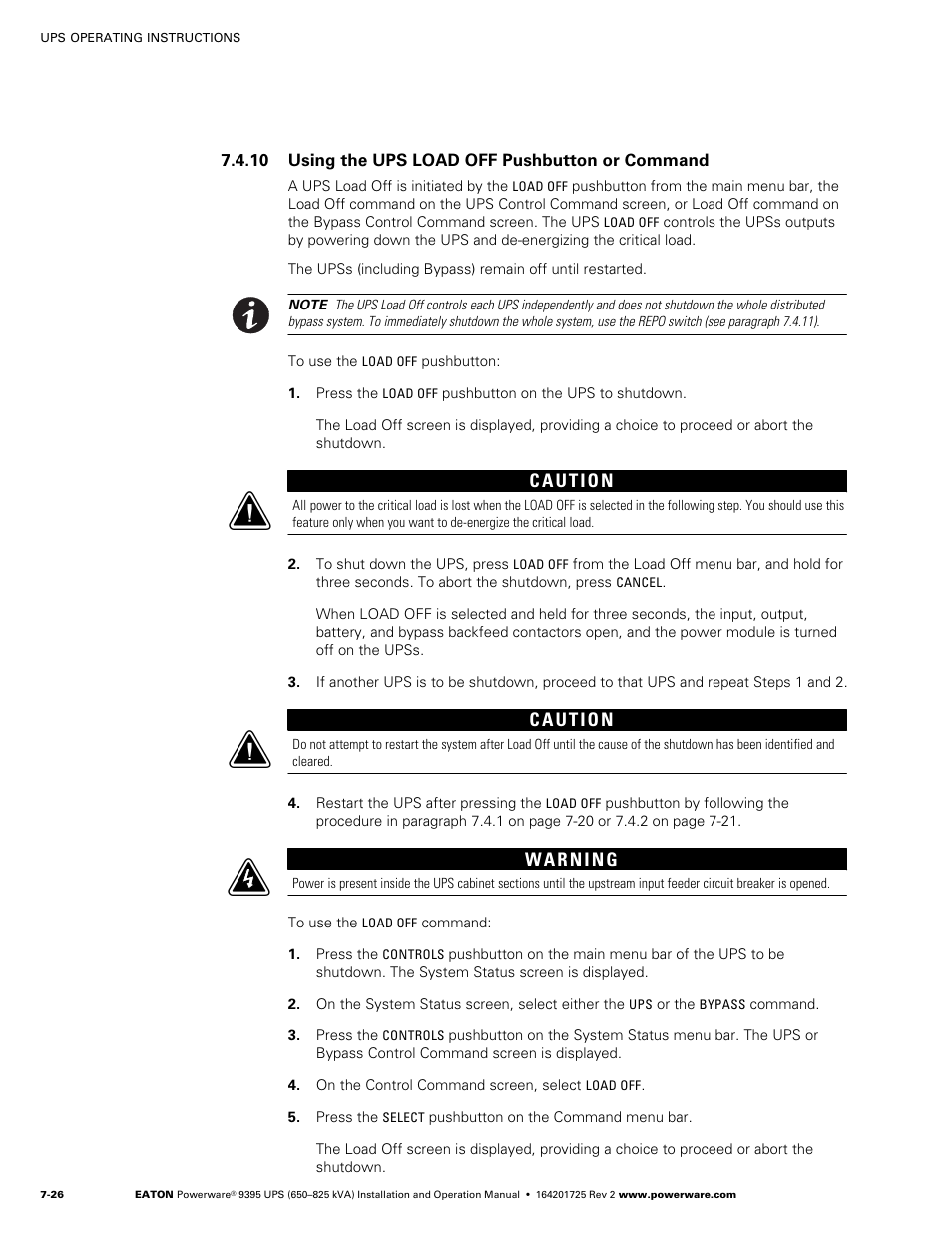 10 using the ups load off pushbutton or command | Powerware 9395 UPS and Plus 1 UPS 650825 kVA User Manual | Page 168 / 192