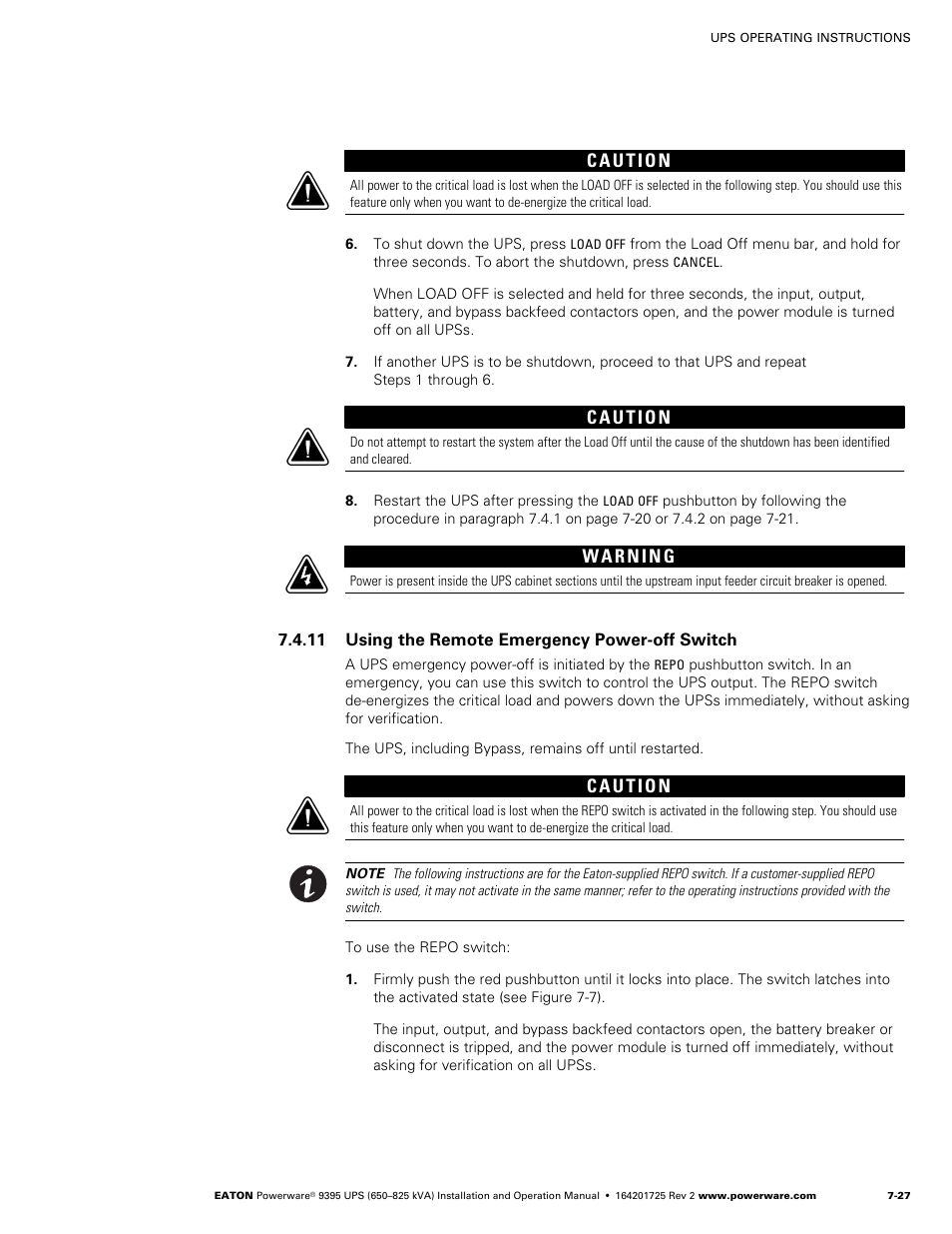 11 using the remote emergency power-off switch | Powerware 9395 UPS and Plus 1 UPS 650825 kVA User Manual | Page 169 / 192