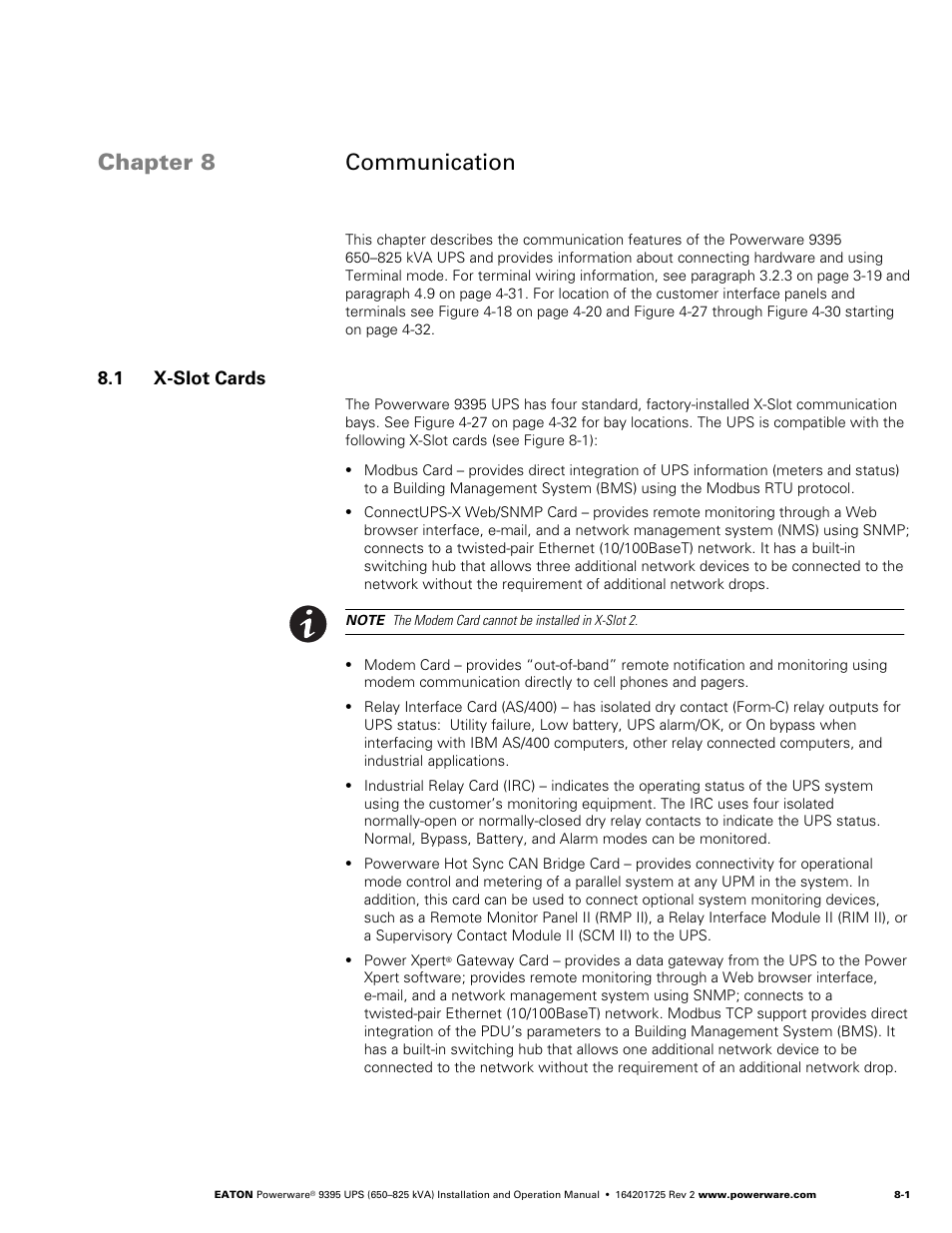 Chapter 8 communication, 1 x-slot cards, 1 x−slot cards | Powerware 9395 UPS and Plus 1 UPS 650825 kVA User Manual | Page 171 / 192