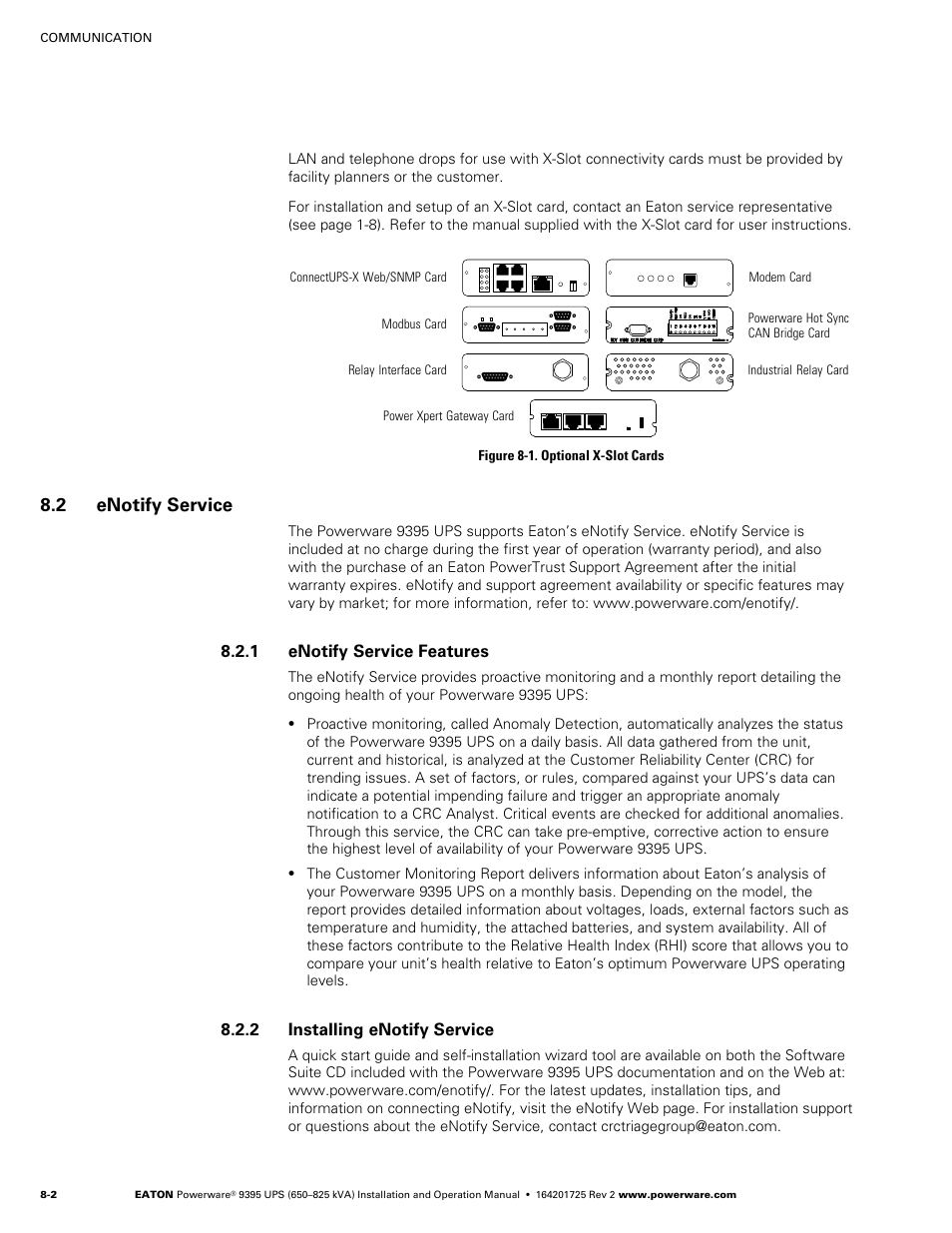 2 enotify service, 1 enotify service features, 2 installing enotify service | Following x−slot cards (see figure 8-1) | Powerware 9395 UPS and Plus 1 UPS 650825 kVA User Manual | Page 172 / 192