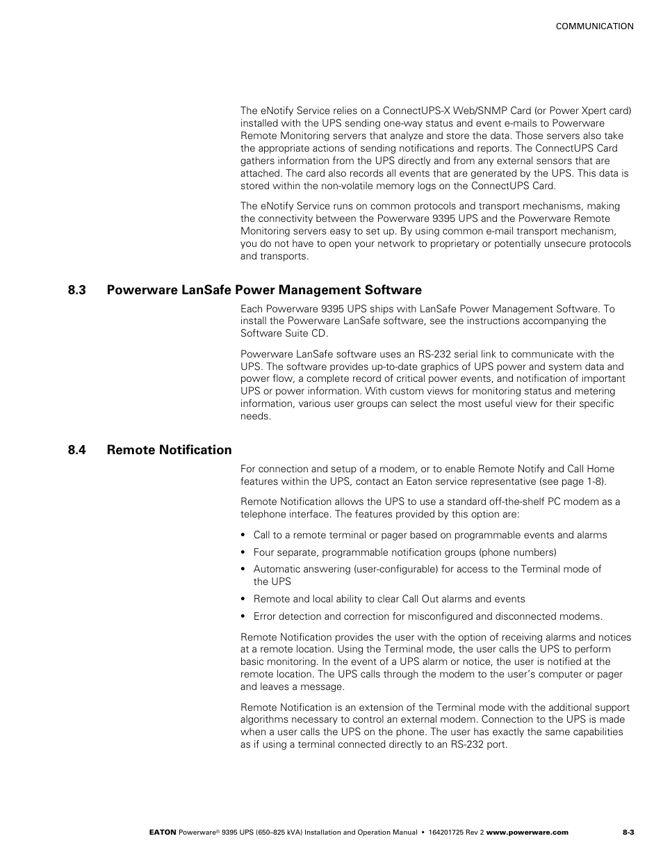 3 powerware lansafe power management software, 4 remote notification | Powerware 9395 UPS and Plus 1 UPS 650825 kVA User Manual | Page 173 / 192