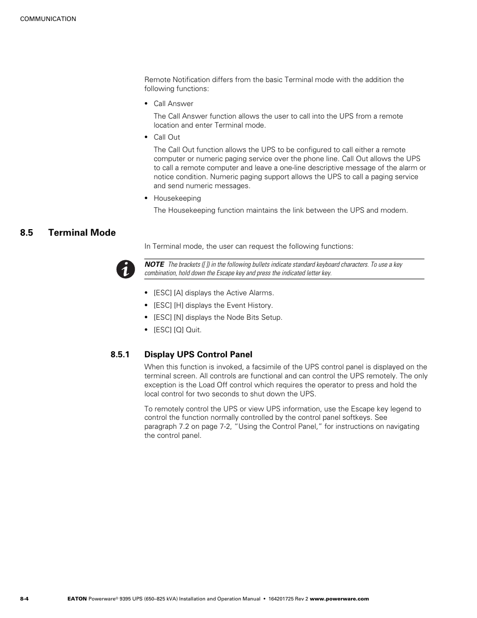 5 terminal mode, 1 display ups control panel | Powerware 9395 UPS and Plus 1 UPS 650825 kVA User Manual | Page 174 / 192