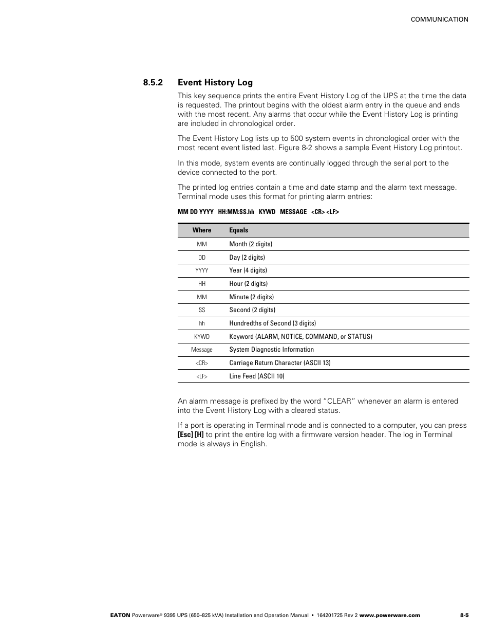 2 event history log | Powerware 9395 UPS and Plus 1 UPS 650825 kVA User Manual | Page 175 / 192