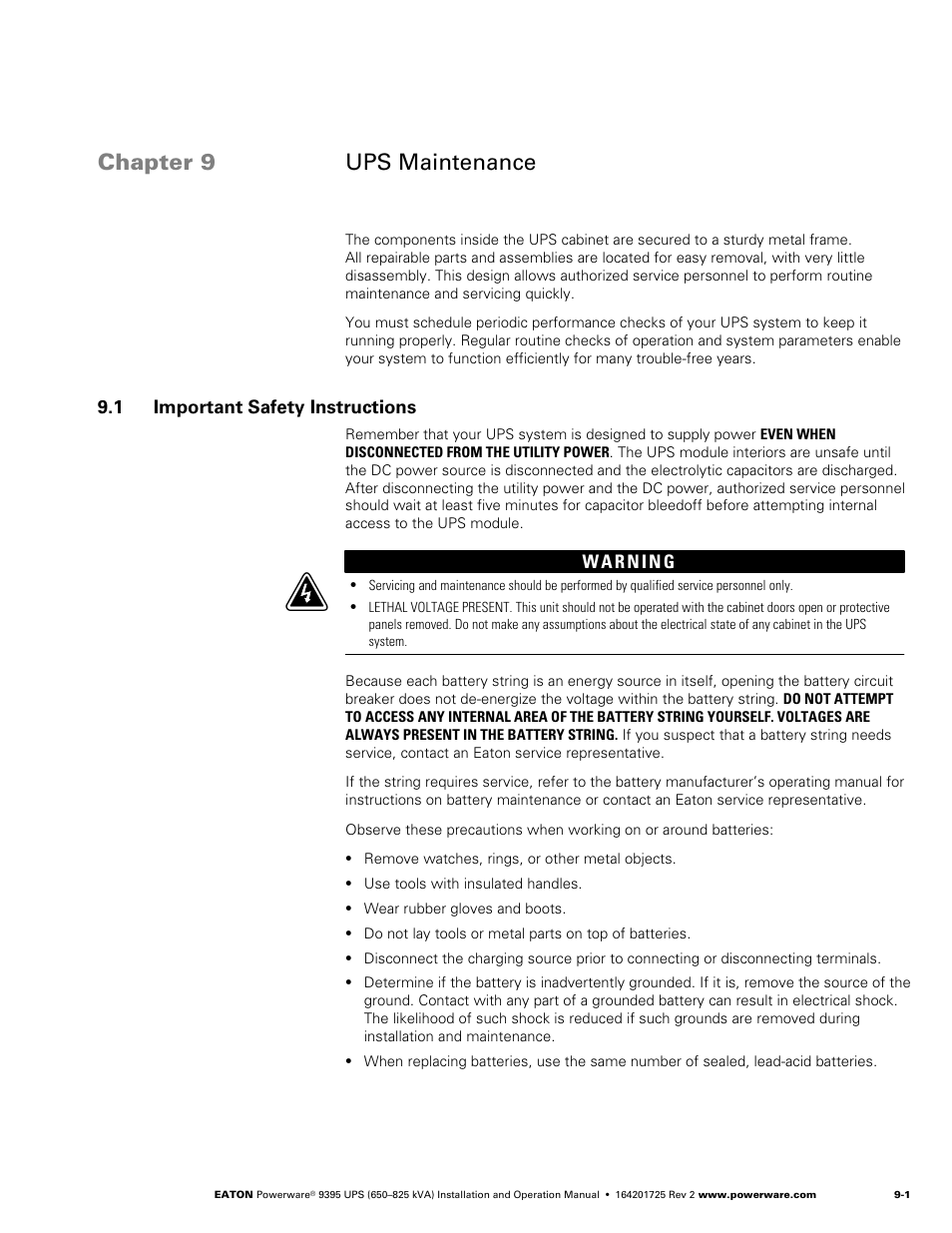 Chapter 9 ups maintenance, 1 important safety instructions | Powerware 9395 UPS and Plus 1 UPS 650825 kVA User Manual | Page 181 / 192